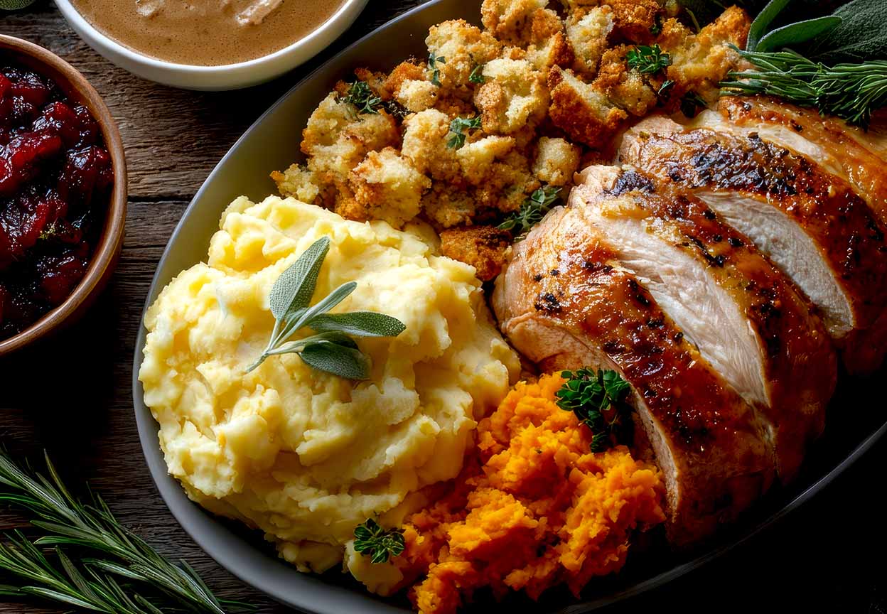 Close-up platter of sliced turkey with mashed potatoes, stuffing, sweet potatoes, cranberry sauce, and gravy
